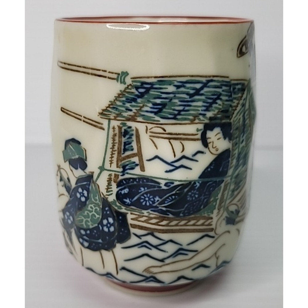 Japanese Mid Century Stoneware Yunomi Sushi Tea Cup 3 3/4" Rowing Emperor RARE - Picture 1 of 7